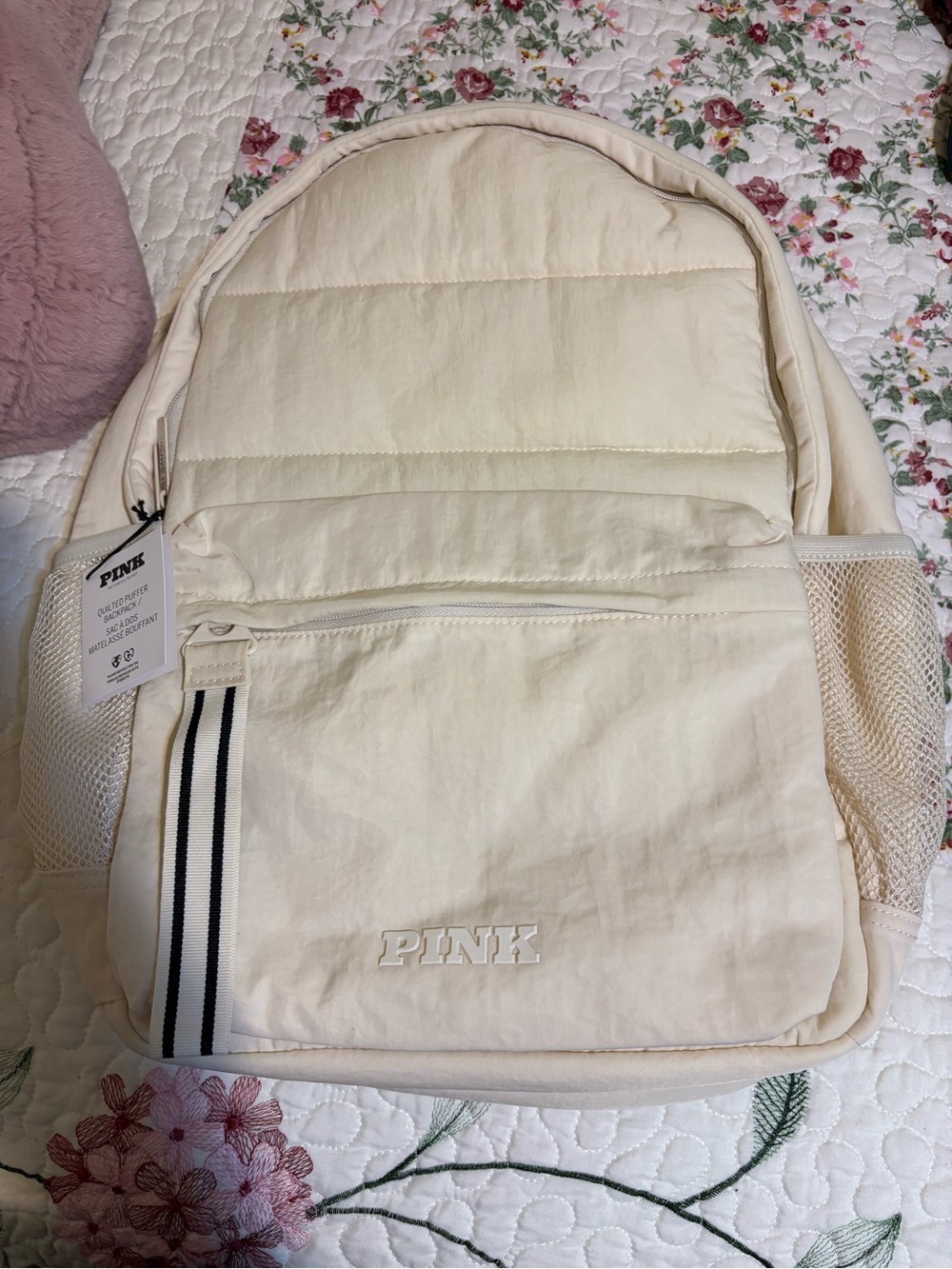 PINK Victoria's Secret Cream Quilted Backpack with Stripe Detail